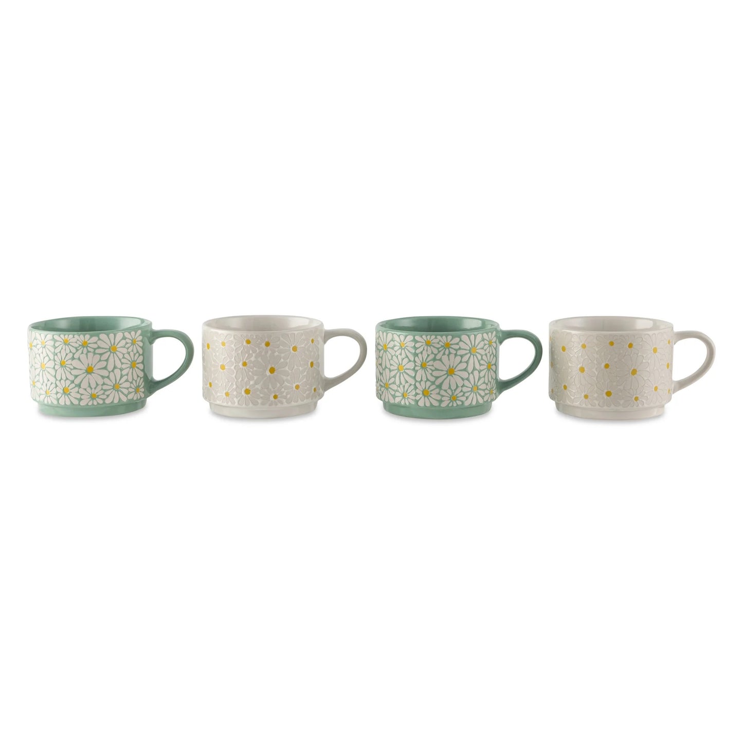 LunaLulinlk White 4 Pack Stacking White and Green Floral Mugs 11.1 fl oz, Stoneware