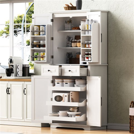 "LunaLulinlk 71"" Tall Kitchen Pantry Cabinet with 3 Pull Out Cabinet Organizers, Farmhouse Embossed Texture Storage Cabinet "