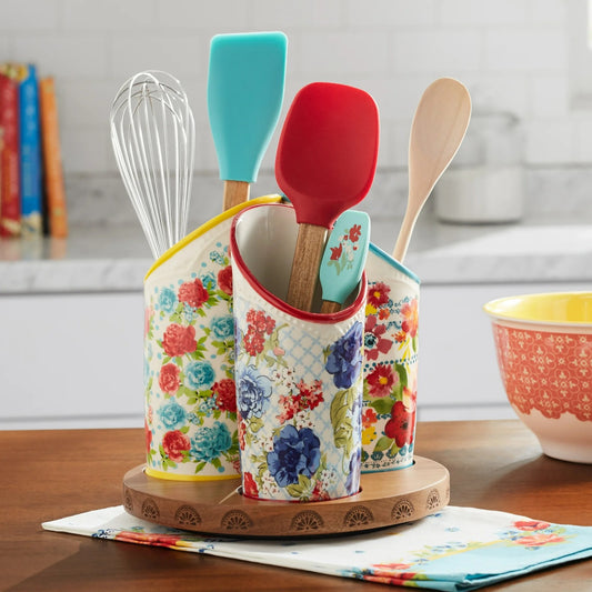 LunaLulinlk Woman Floral Medley 3-Compartment Ceramic Utensil Holder