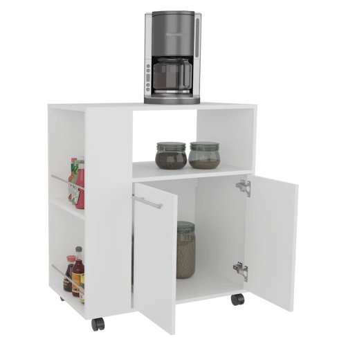 LunaLulinlk White Kitchen Cart with Microwave Shelf and Open Storage