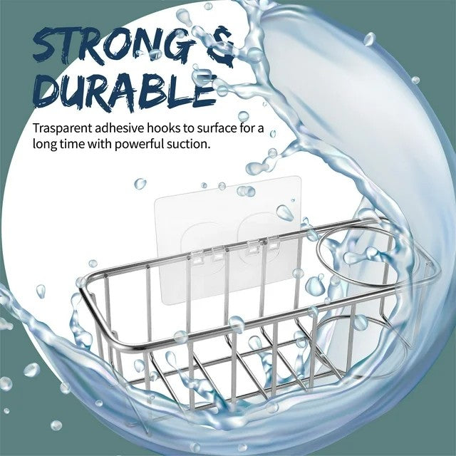 LunaLulinlk Stainless Steel Kitchen Sink Caddy Organizer With Self Adhesive Hooks Over The Sink Drying Basket Rack