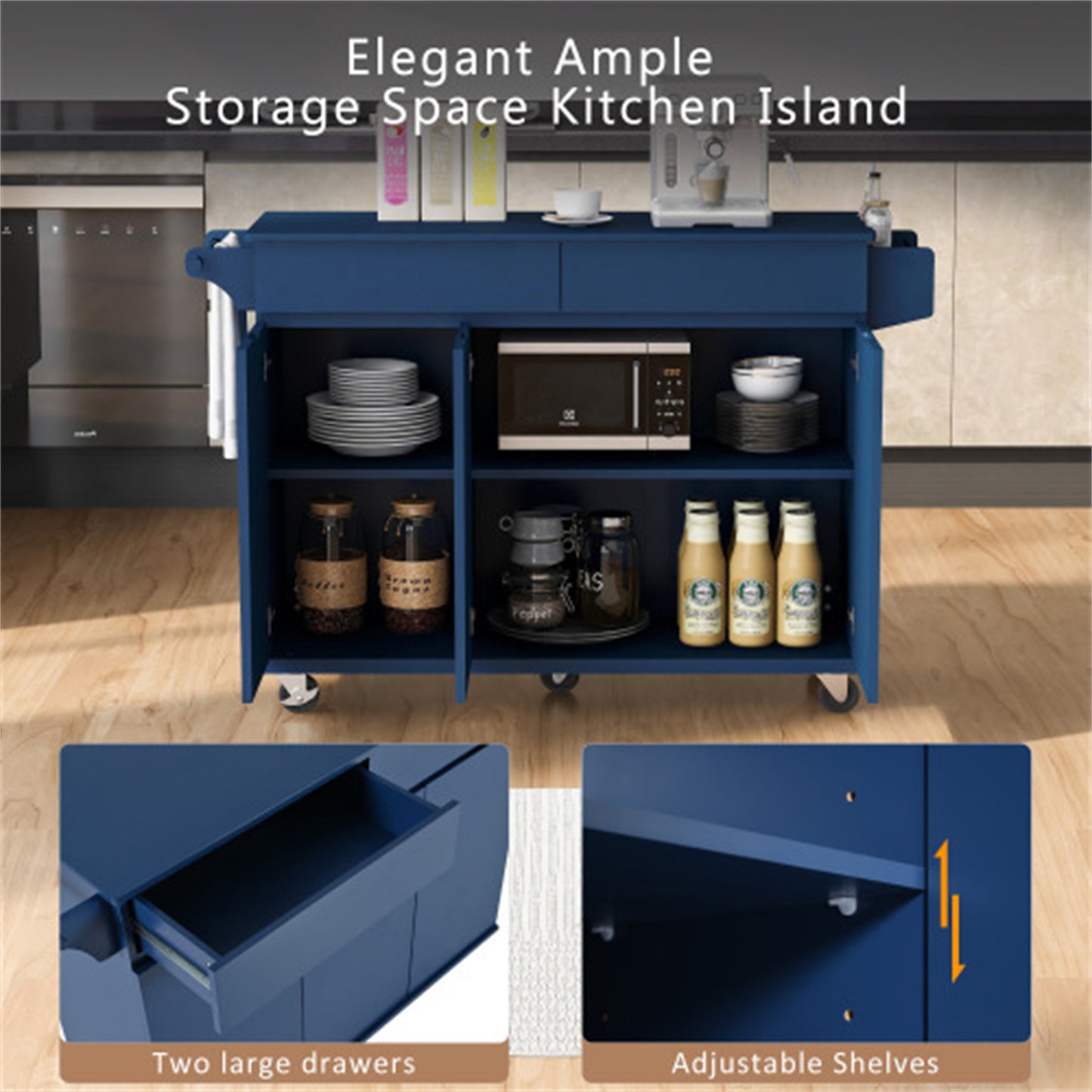 "LunaLulinlk 53.2'' Kitchen Island with Drop Leaf, Kitchen Storage Cart with Spice Rack, Towel Rack and 2 Drawers, Navy Blue  "