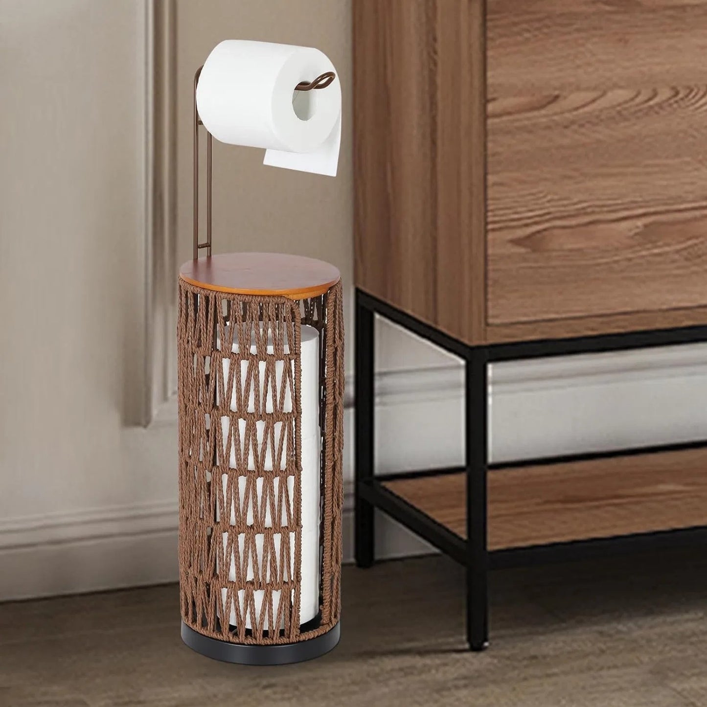 LunaLulinlk Woven Freestanding Farmhouse Toilet Paper Organizer with Storage - Dark Brown