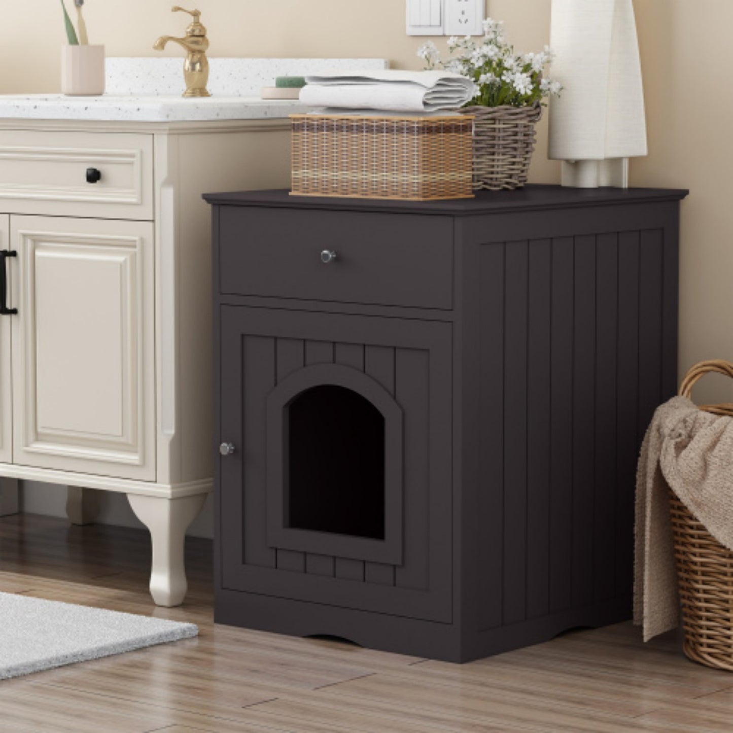 LunaLulinlk Wooden pet house cat litter box fence with drawer and side table