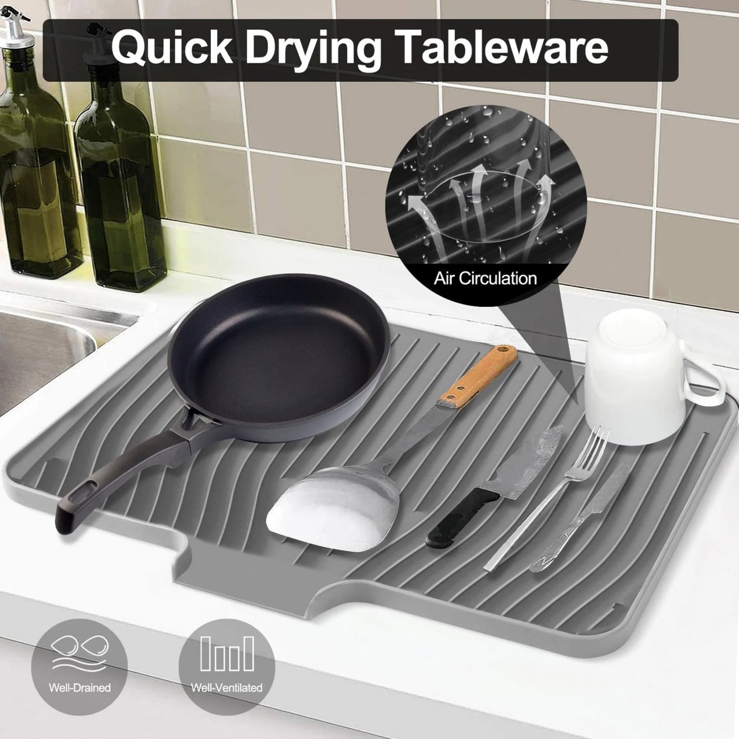LunaLulinlk Silicone Dish Drying Mat with Drain Lip – Large 18.9"x13.8" Hygienic Counter Tray for Kitchen Sink, Easy to Clean Gray