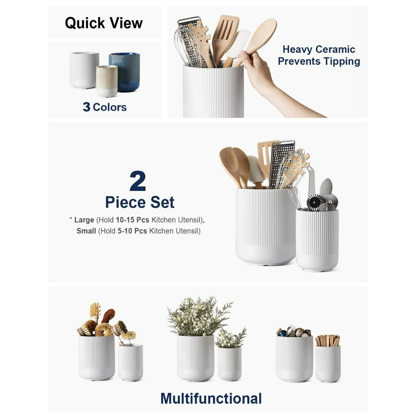 LunaLulinlk Two-Piece 7.3" + 5.4" Ceramic Jars for Kitchen, Cooking Storage Boxes and Flower Pots, White Kitchen Storage Box