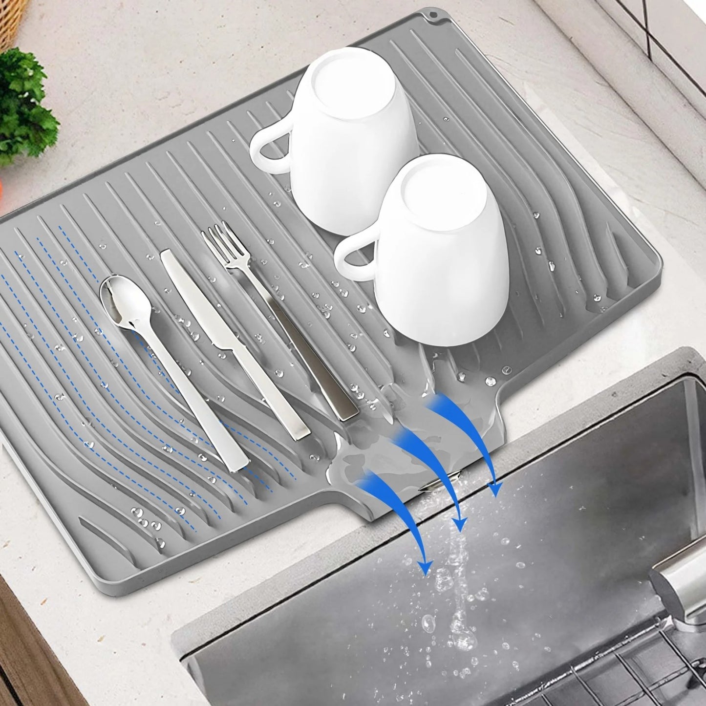 LunaLulinlk Silicone Dish Drying Mat with Drain Lip – Large 18.9"x13.8" Hygienic Counter Tray for Kitchen Sink, Easy to Clean Gray