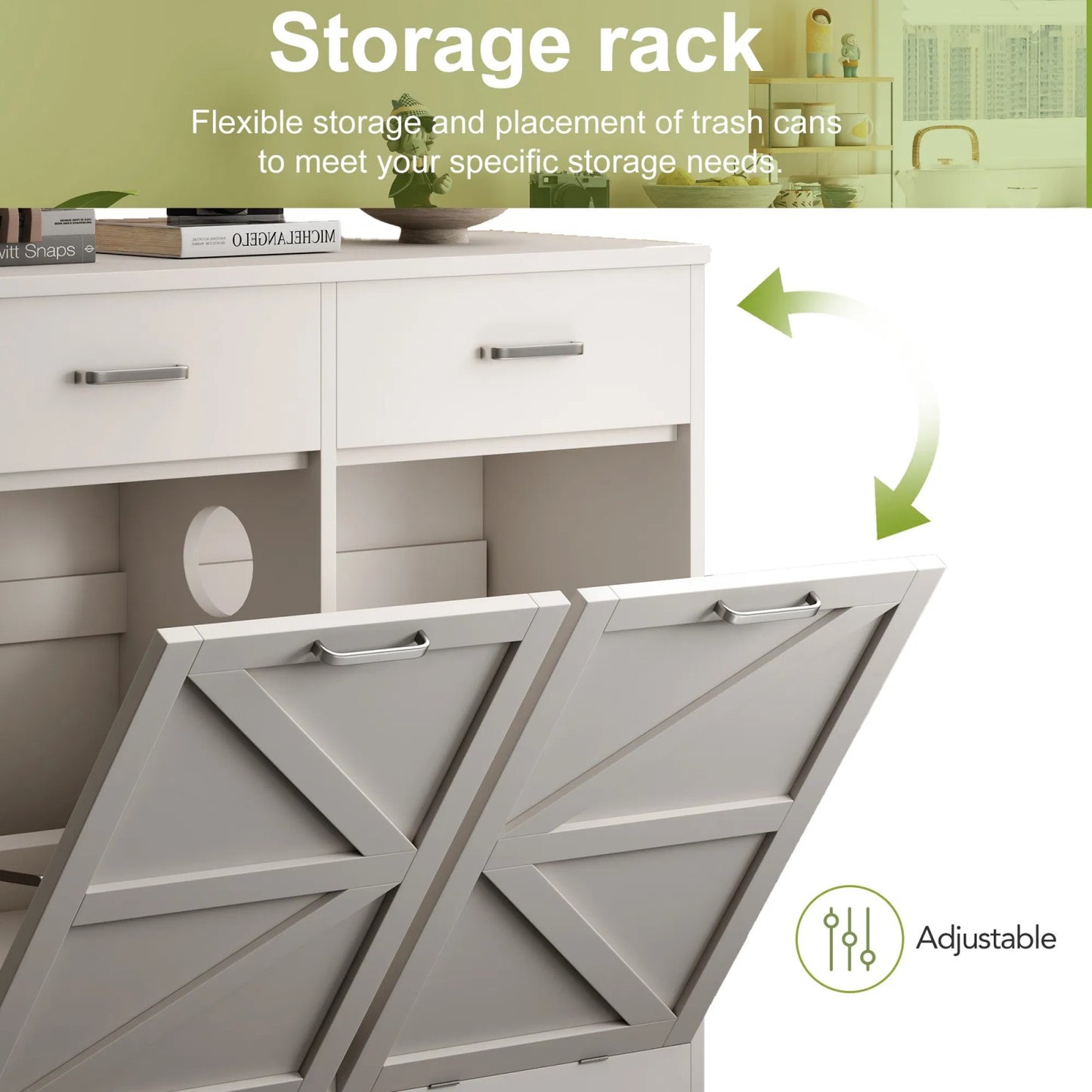 LunaLulinlk White Tilt and Pull Trash Can Cabinet with 2 Drawers, Deodorized, Holds 2x10 Gallons of Trash