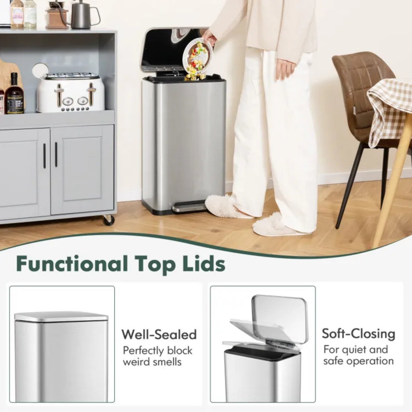 LunaLulinlk White 10.5 Gal and 1.6 Gal Step Trash Can Combo Set with Detachable Inner Buckets