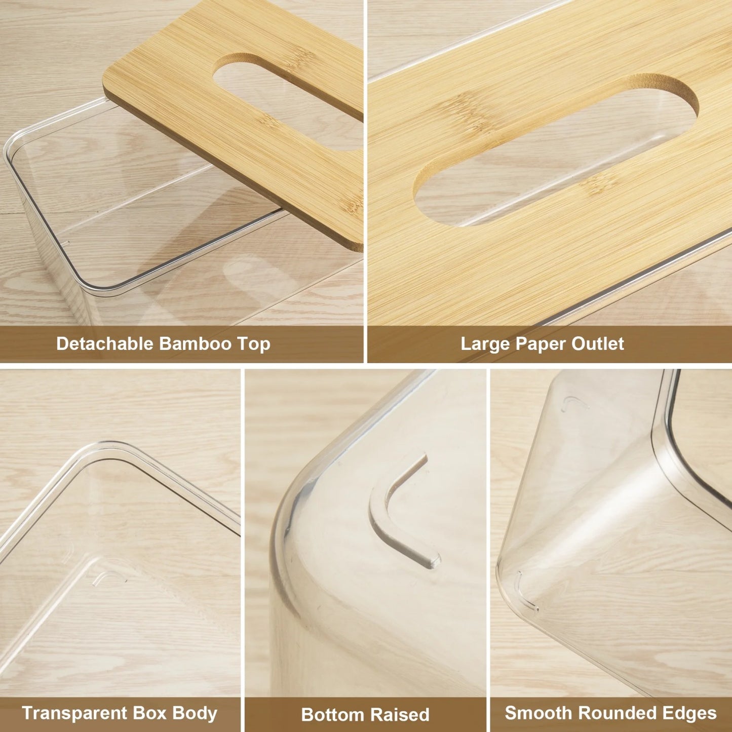 LunaLulinlk Tissue Box Cover Rectangle, Plastic Tissue Box Holder with Bamboo Lid Top, Clear, 2 Count