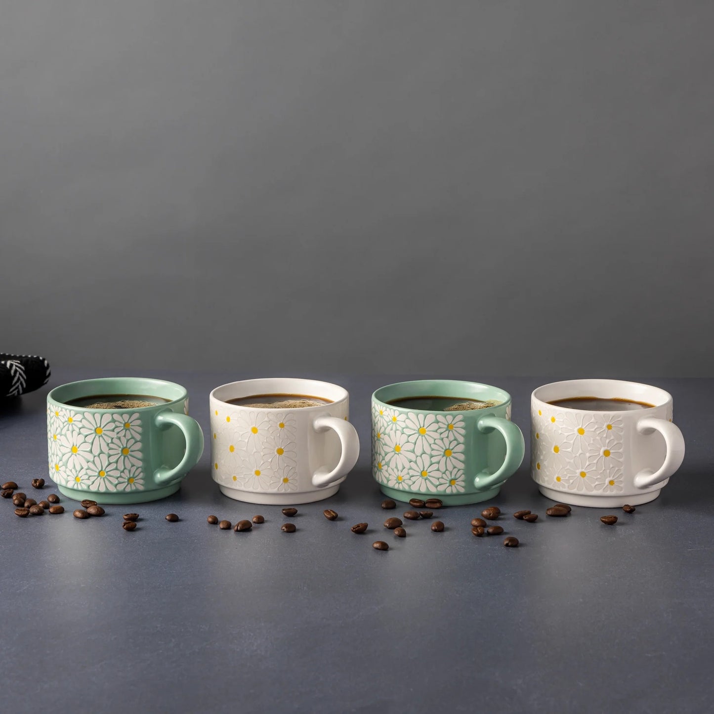 LunaLulinlk White 4 Pack Stacking White and Green Floral Mugs 11.1 fl oz, Stoneware
