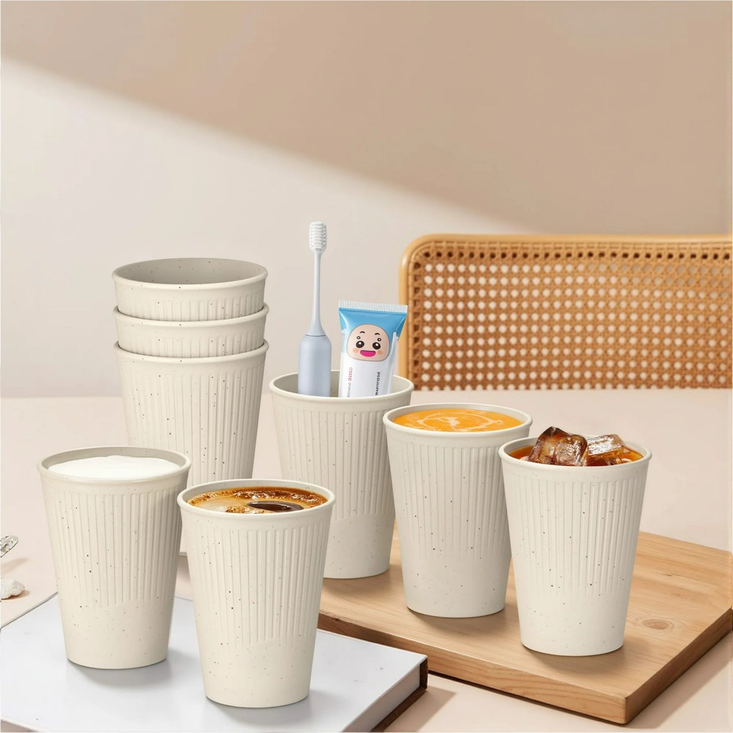 LunaLulinlk Wheat Straw Unbreakable Cups Set of 8, 12 OZ Drinking Glasses, Reusable Plastic Cups, Drinking Cups, Dishwasher Safe Water Glasses