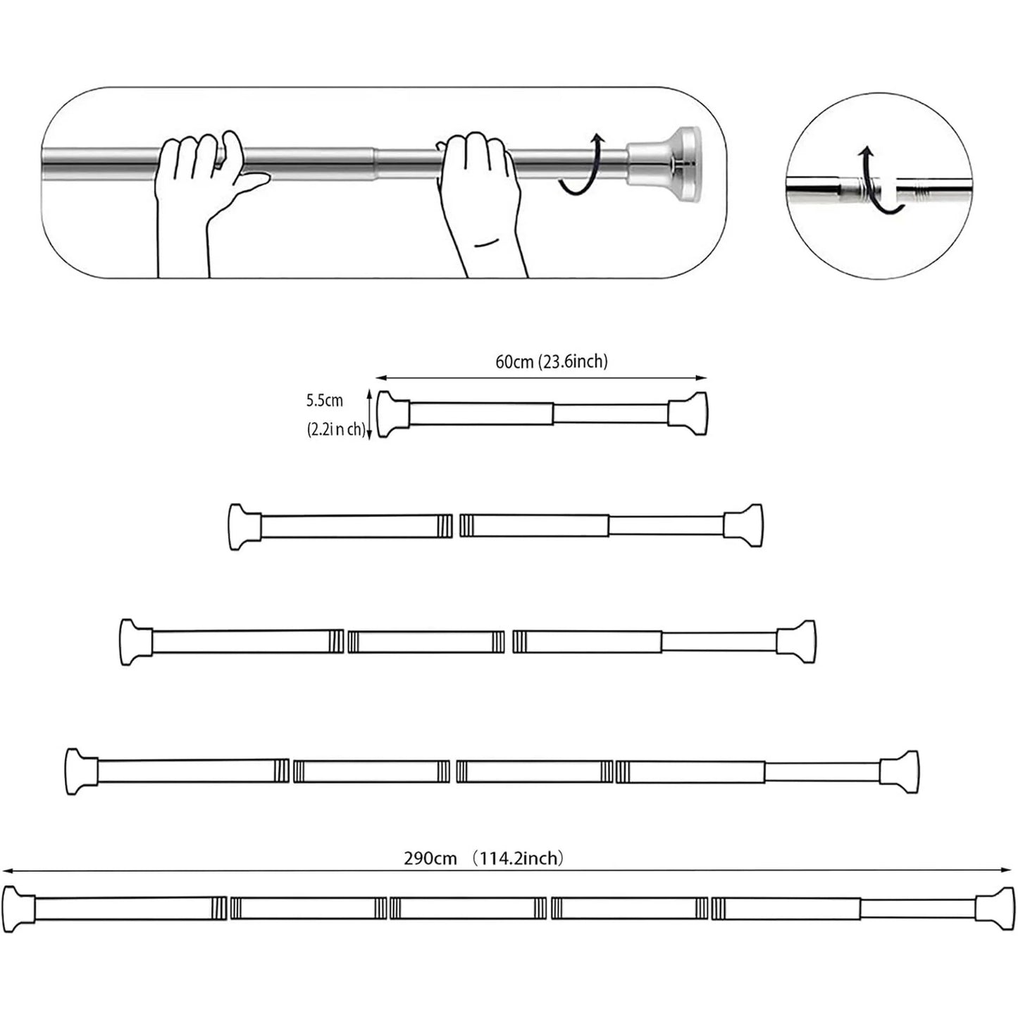 LunaLulinlk Shower Curtain Rod extendable(23-114Inch), Splice mounting design, Non-Slip, Never Rust, Tension Curtain Rod