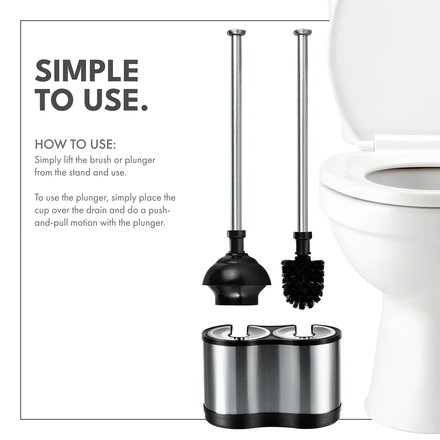 LunaLulinlk Toilet Brush and Plunger Combo Set, Stainless Steel, Black