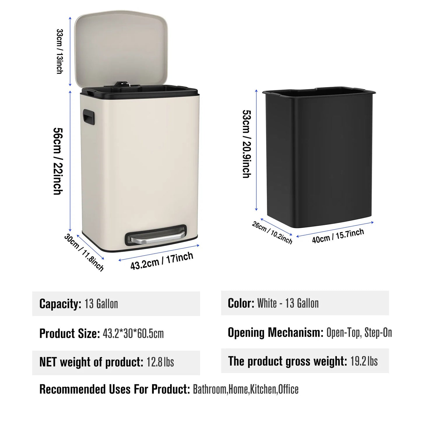 LunaLulink 13 Gallon Stainless Steel Kitchen Pedal Soft-Close Trash Can with 30 Trash Bags - White