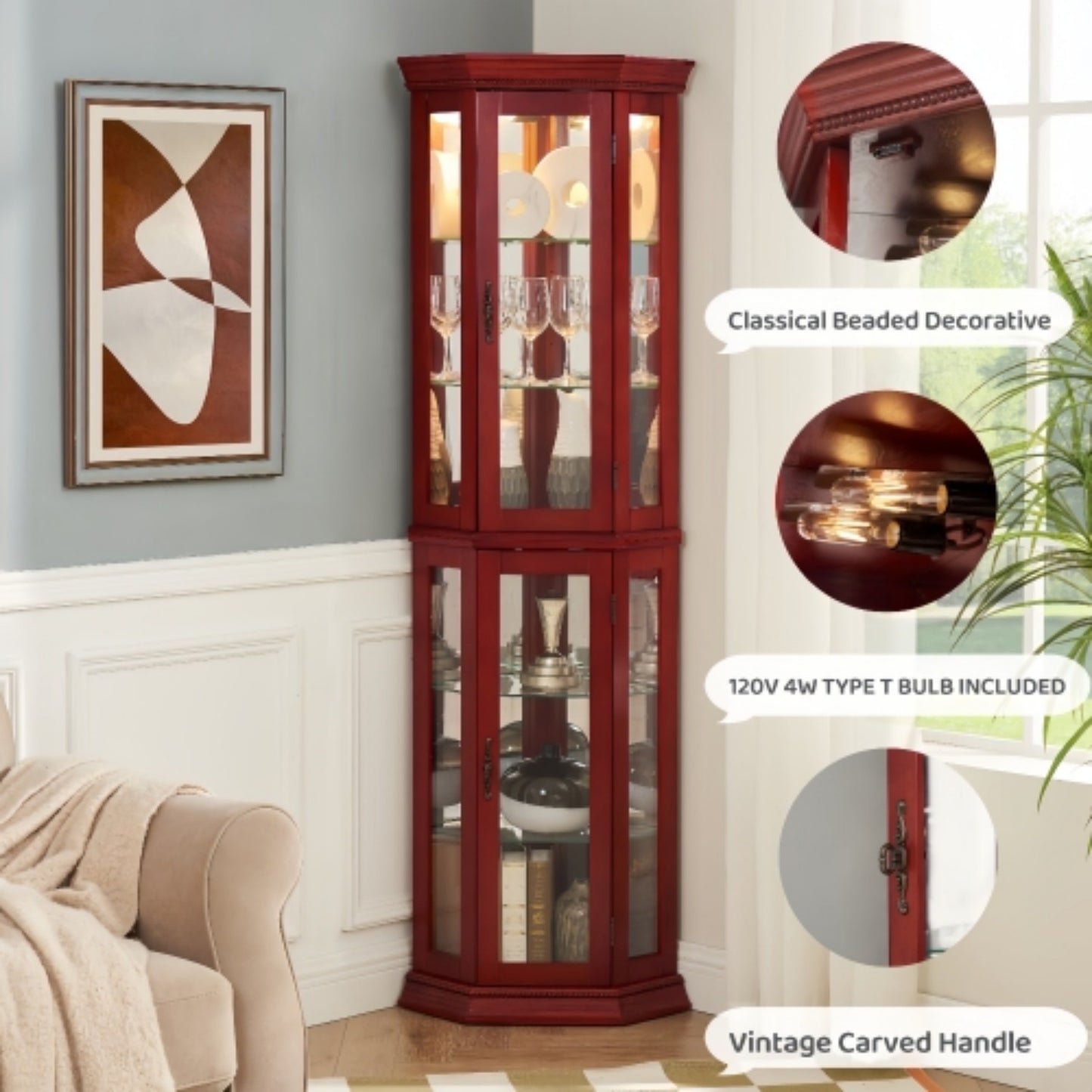 LunaLulinlk Tempered glass lighted corner display cabinet, bar cabinet, with light bulb，red
