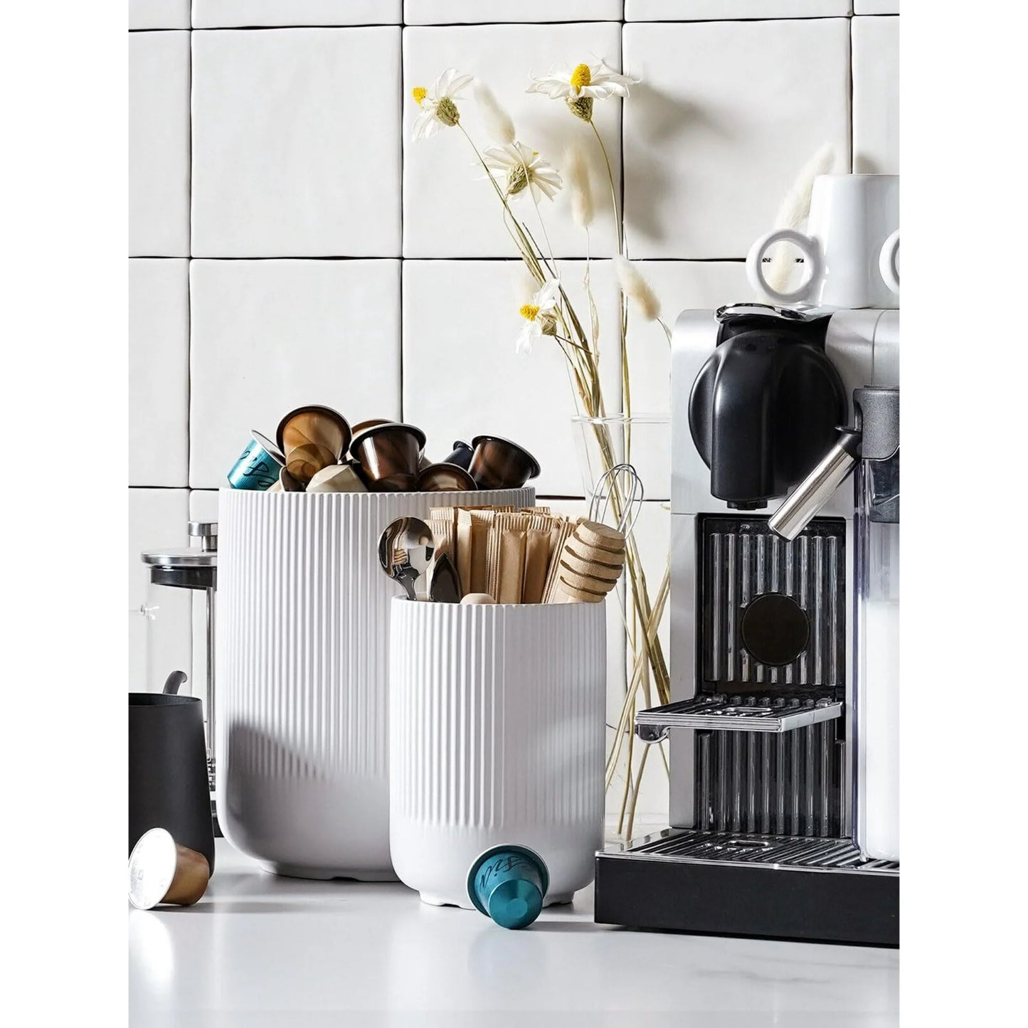 LunaLulinlk Two-Piece 7.3" + 5.4" Ceramic Jars for Kitchen, Cooking Storage Boxes and Flower Pots, White Kitchen Storage Box