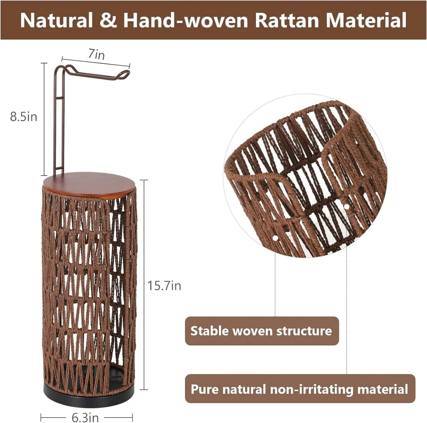 LunaLulinlk Woven Freestanding Farmhouse Toilet Paper Organizer with Storage - Dark Brown