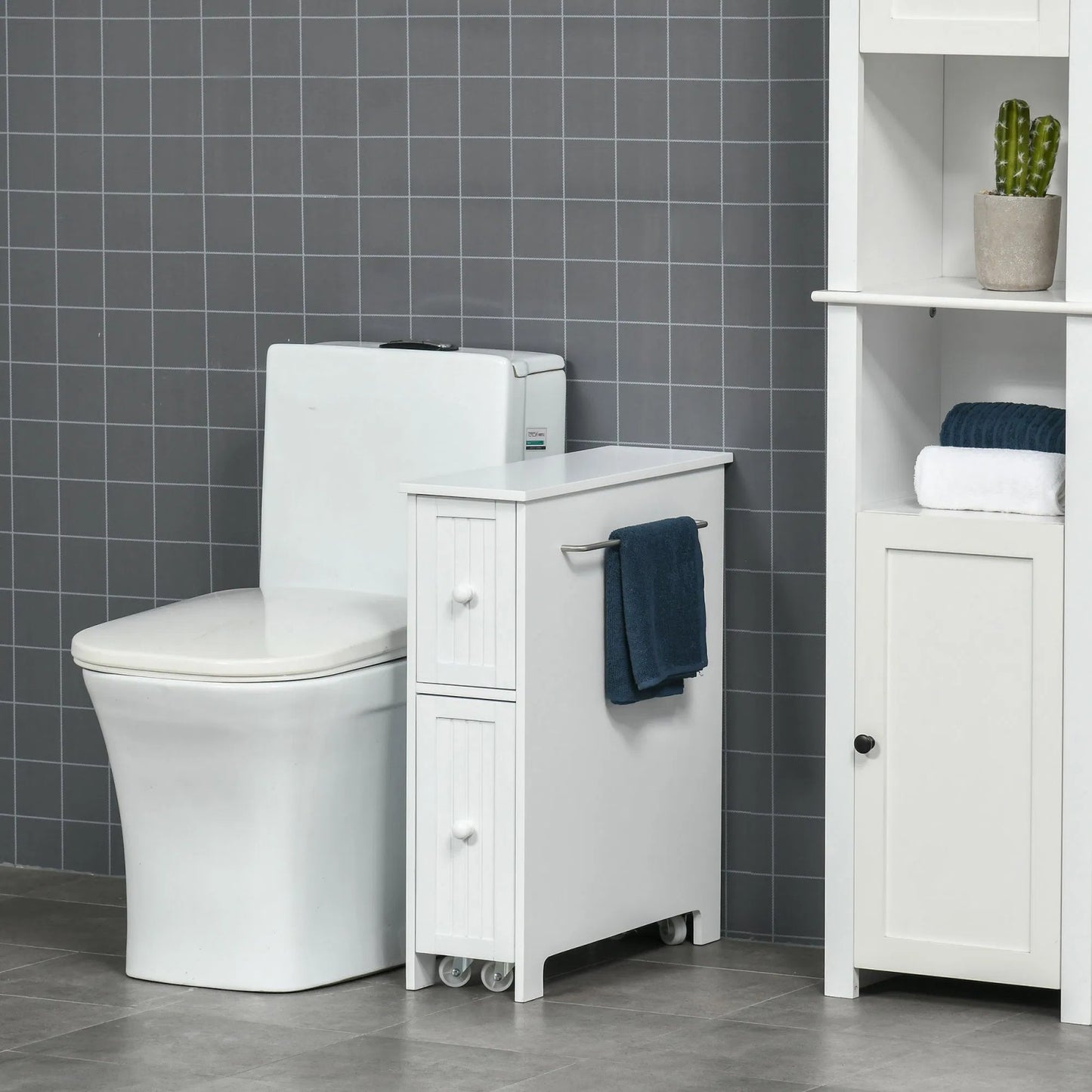 LunaLulinlkWhite Bathroom Slim Freestanding Storage Cabinet on Wheels with Two Drawers