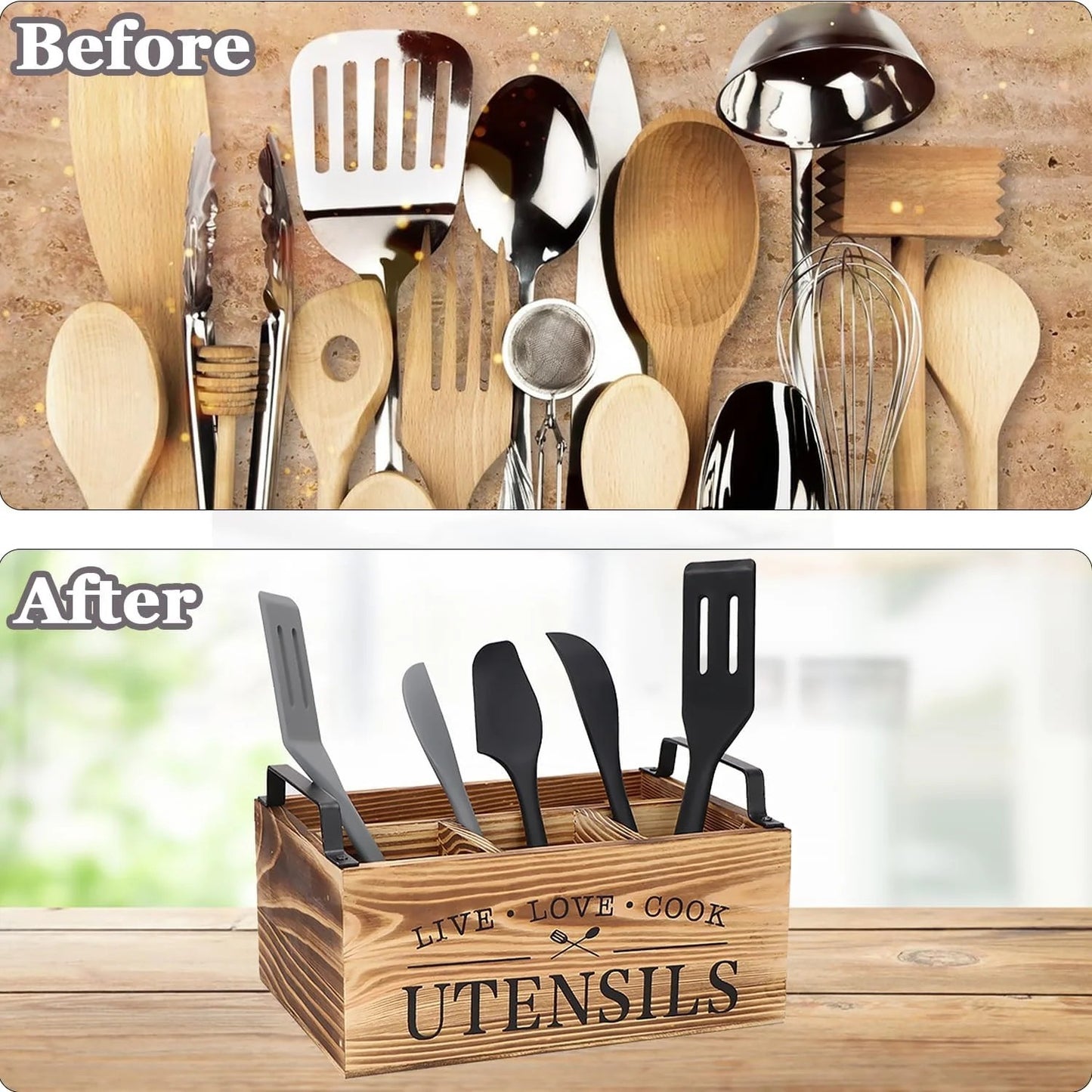 LunaLulinlk Wood Utensil Holder, Silverware Organizer with 4 Compartments for Kitchen Counter, Farmhouse Wood Flatware Utensil Organizer Storage