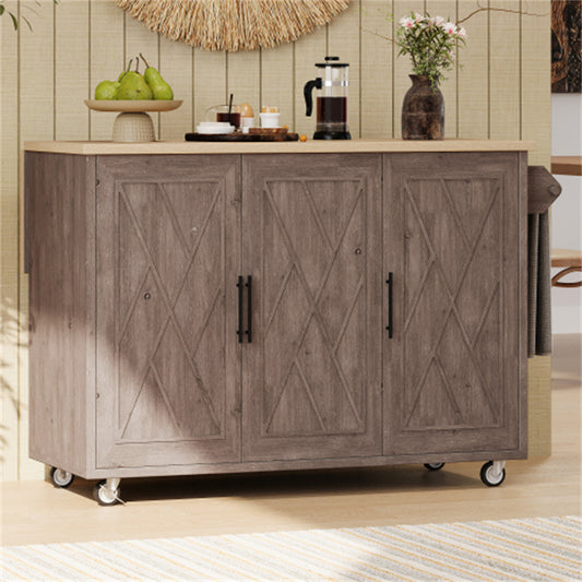 "LunaLulinlk 51.2""W Geometric Twill Stripe Textured Design Kitchen Island with Drop Leaf, Farmhouse Kitchen Island, Brown  "