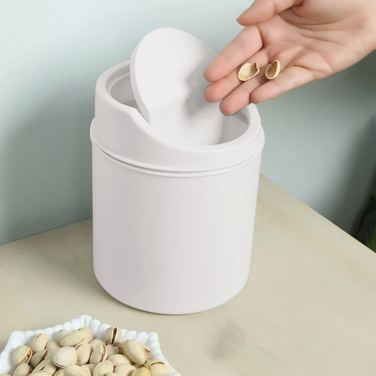 LunaLulinlk White 0.50 Gallon Mini Trash Can with Lid, Small Wastebasket Trash Can, Mini Countertop Trash Can, Rotating Trash Can