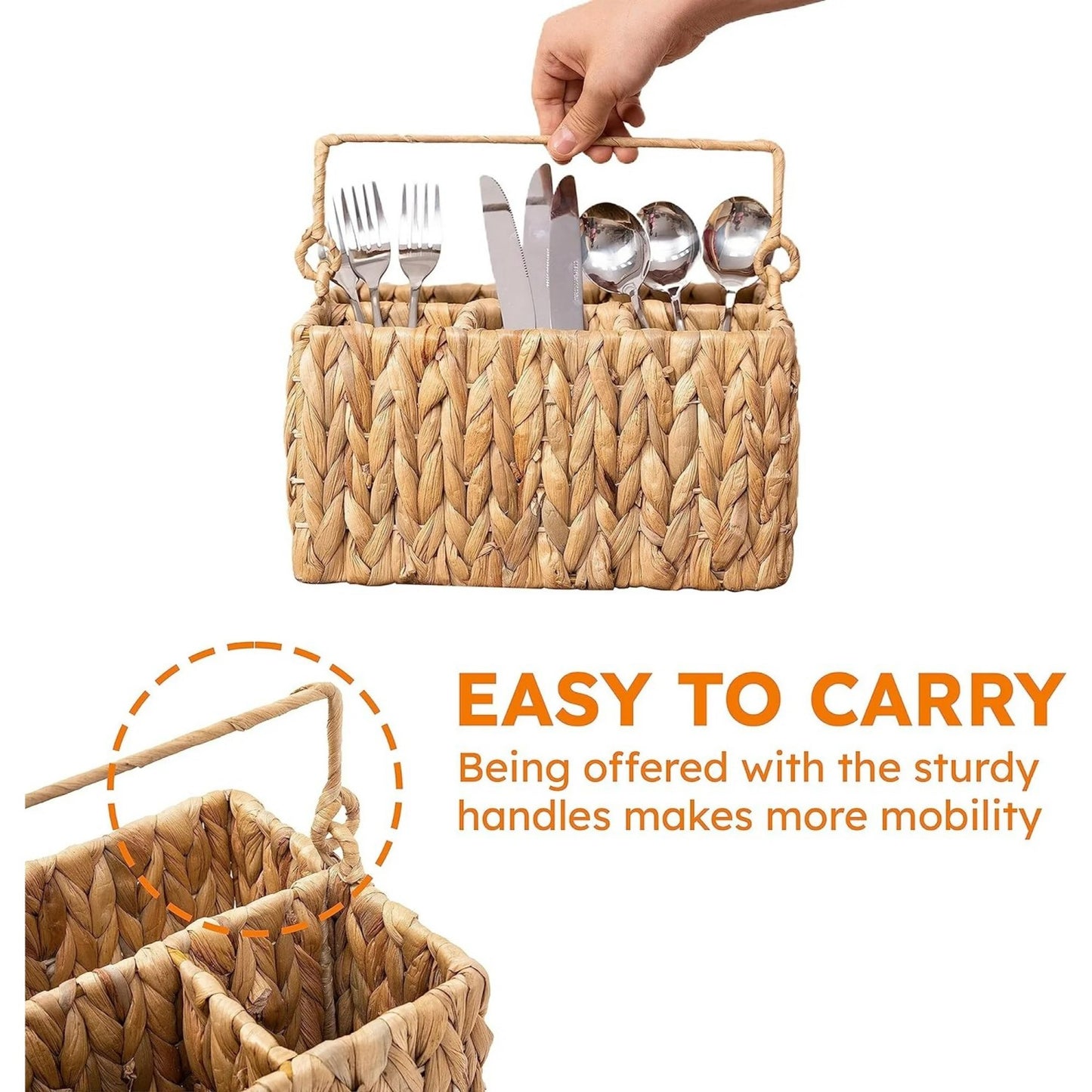 LunaLulinlk Wicker Flatware Organizer,Rectangular Basket Holder for Kitchen Table, Cabinet, Pantry - Utensil Caddy for Forks, Knives, Spoons