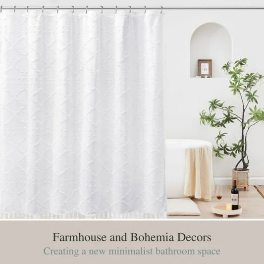 LunaLulinlk White Boho Shower Curtains With Tassels,Heavy-Duty Mold/Mildew-Resistant