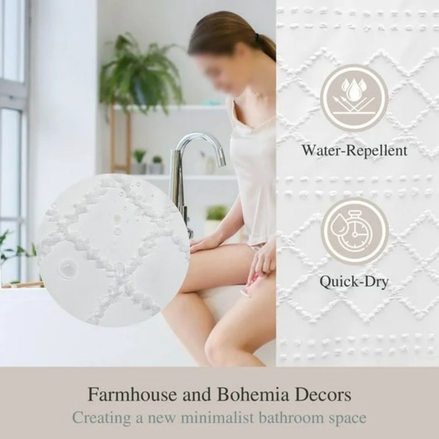 LunaLulinlk White Boho Shower Curtains With Tassels,Heavy-Duty Mold/Mildew-Resistant