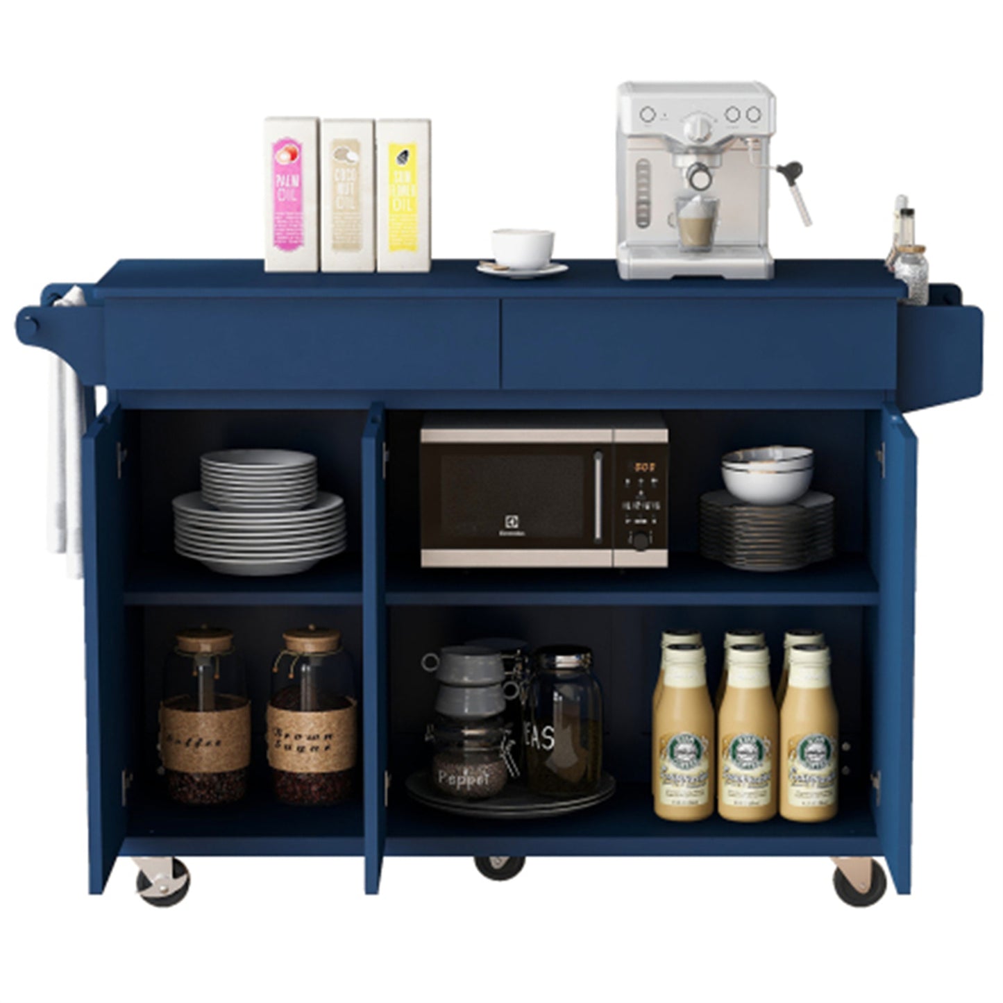 "LunaLulinlk 53.2'' Kitchen Island with Drop Leaf, Kitchen Storage Cart with Spice Rack, Towel Rack and 2 Drawers, Navy Blue  "