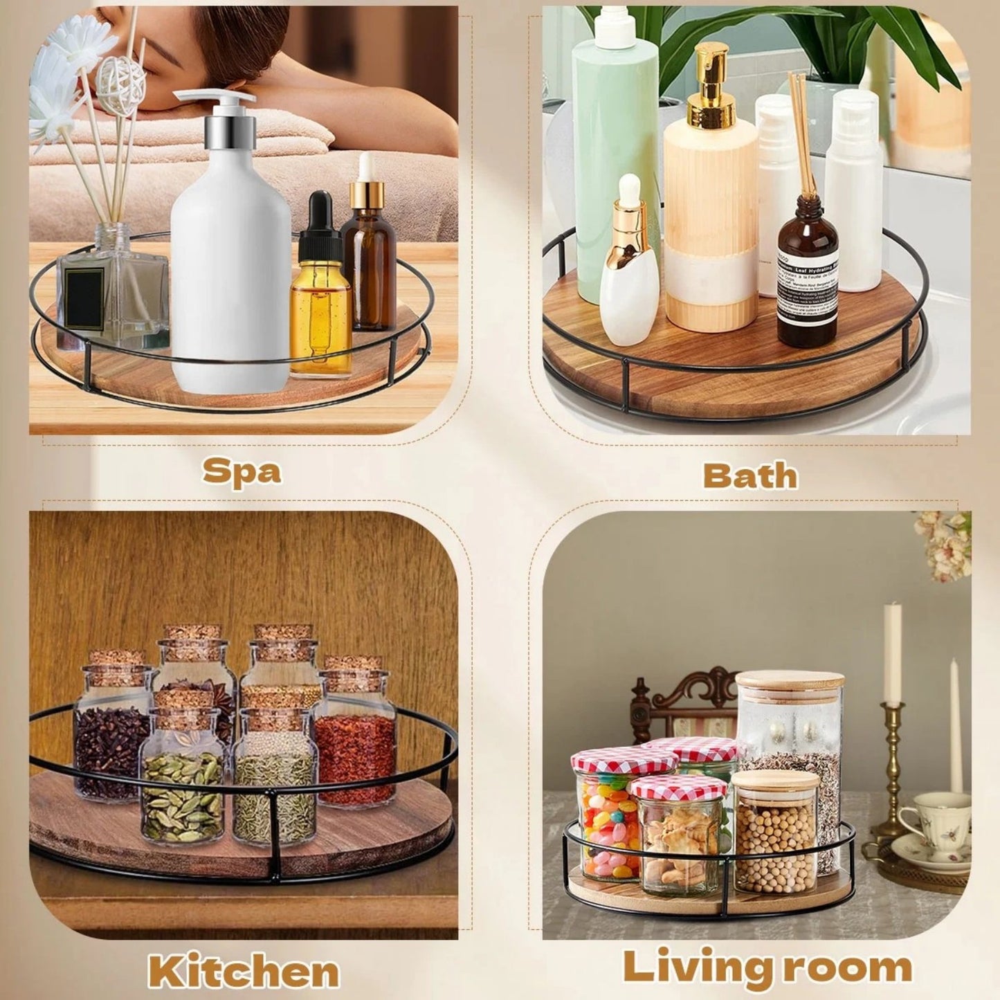 LunaLulinlk Wooden Lazy Susan Turntable 9" - Spice Organizer, Lazy Susan Organizer, Carbonized Black Pine Wood