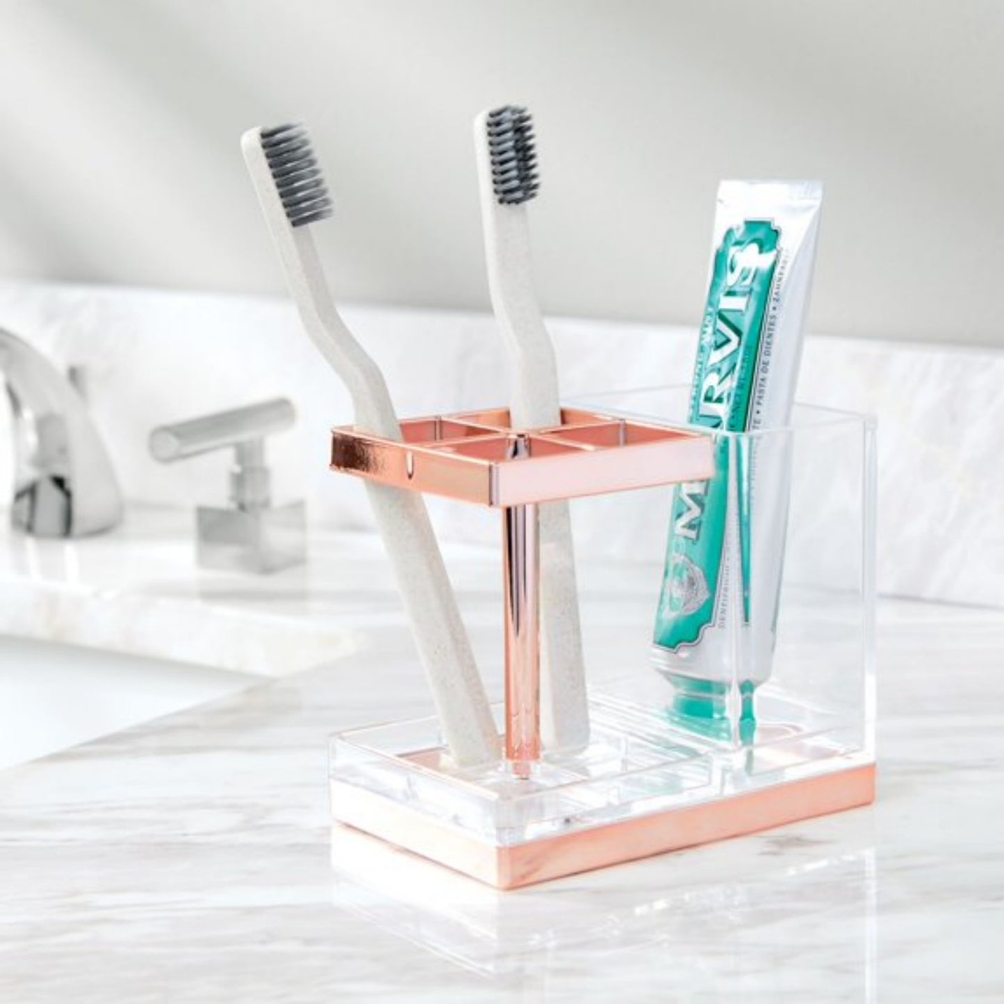 LunaLulinlk Toothbrush, Toothpaste Storage Organizer Holder -Clear/Rose Gold Plastic