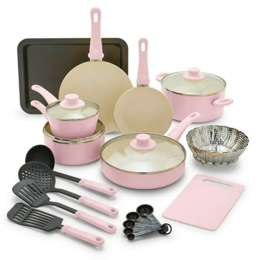 LunaLulink 18-Piece Soft Grip Toxin-Free Healthy Ceramic Non-Stick Cookware Set,Dishwasher Safe