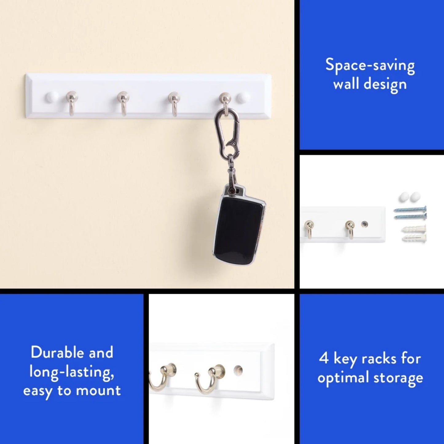 LunaLulinlk White 8.75 inch Key Rail with 4 Satin Nickel Hooks for Keys, Mail, Leashes, 2 lbs Capacity, 1 Pack