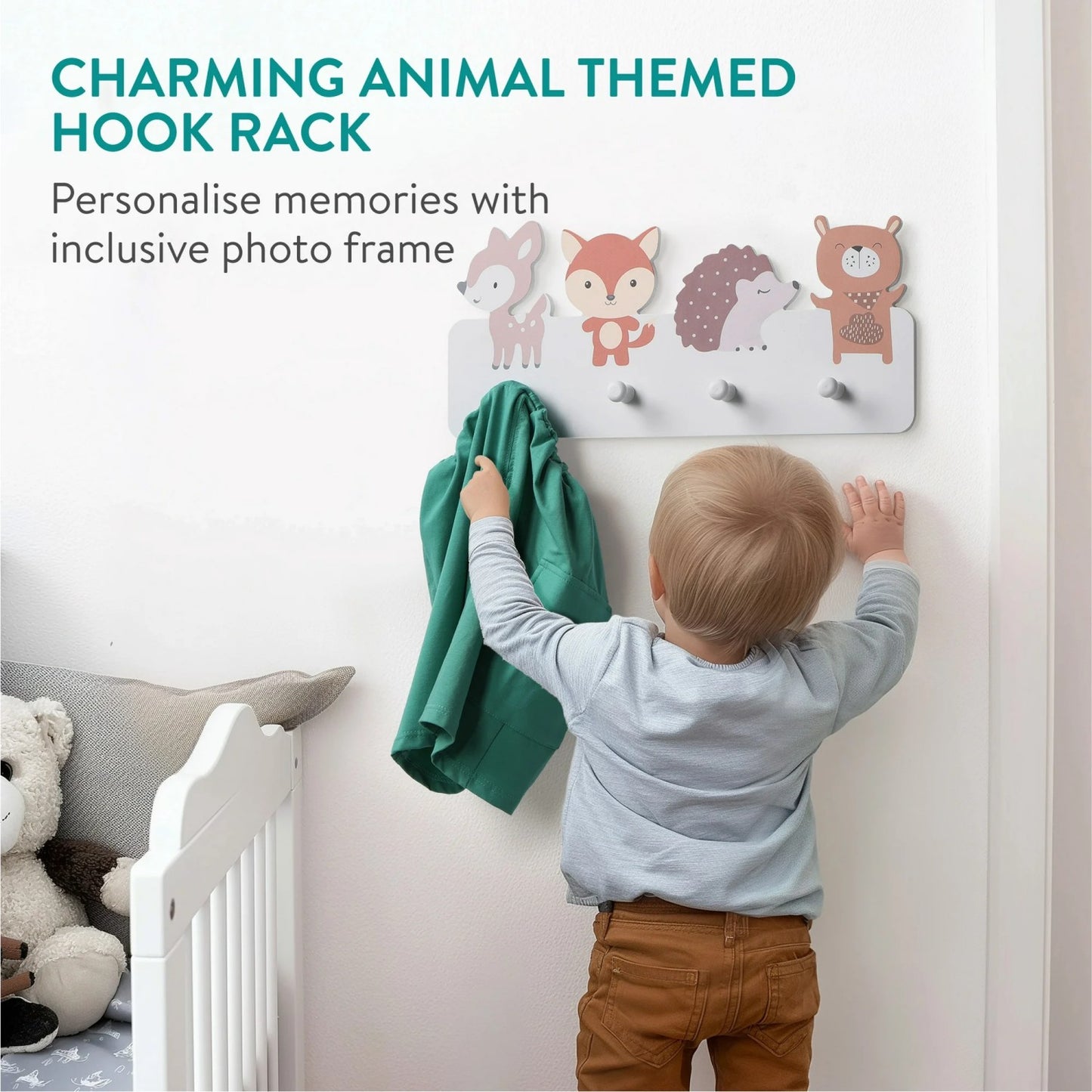 LunaLulinlk Wall Mounted Coat Rack - Robust Wooden Bag Rack with 4 Hooks - Decorative Wood Racks Ideal for Kids Bedroom Animals Design