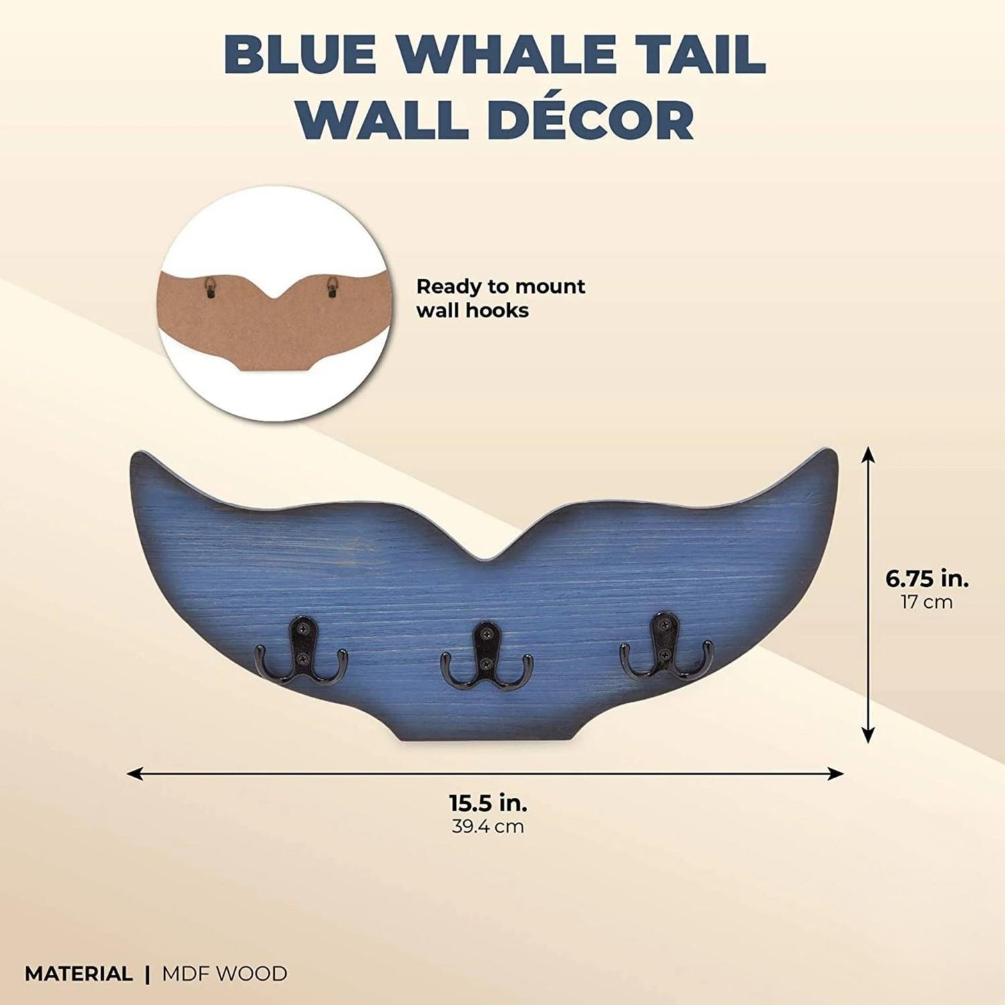 LunaLulinlk Whale Tail Wall Hook for Nursery, Nautical Ocean Wall Decor (Blue, 15.5 x 6.75 x 1 In)