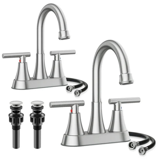 LunaLulinlk Silver 4" stainless steel bathroom sink faucet with pop-up drain and 2 water supply hoses
