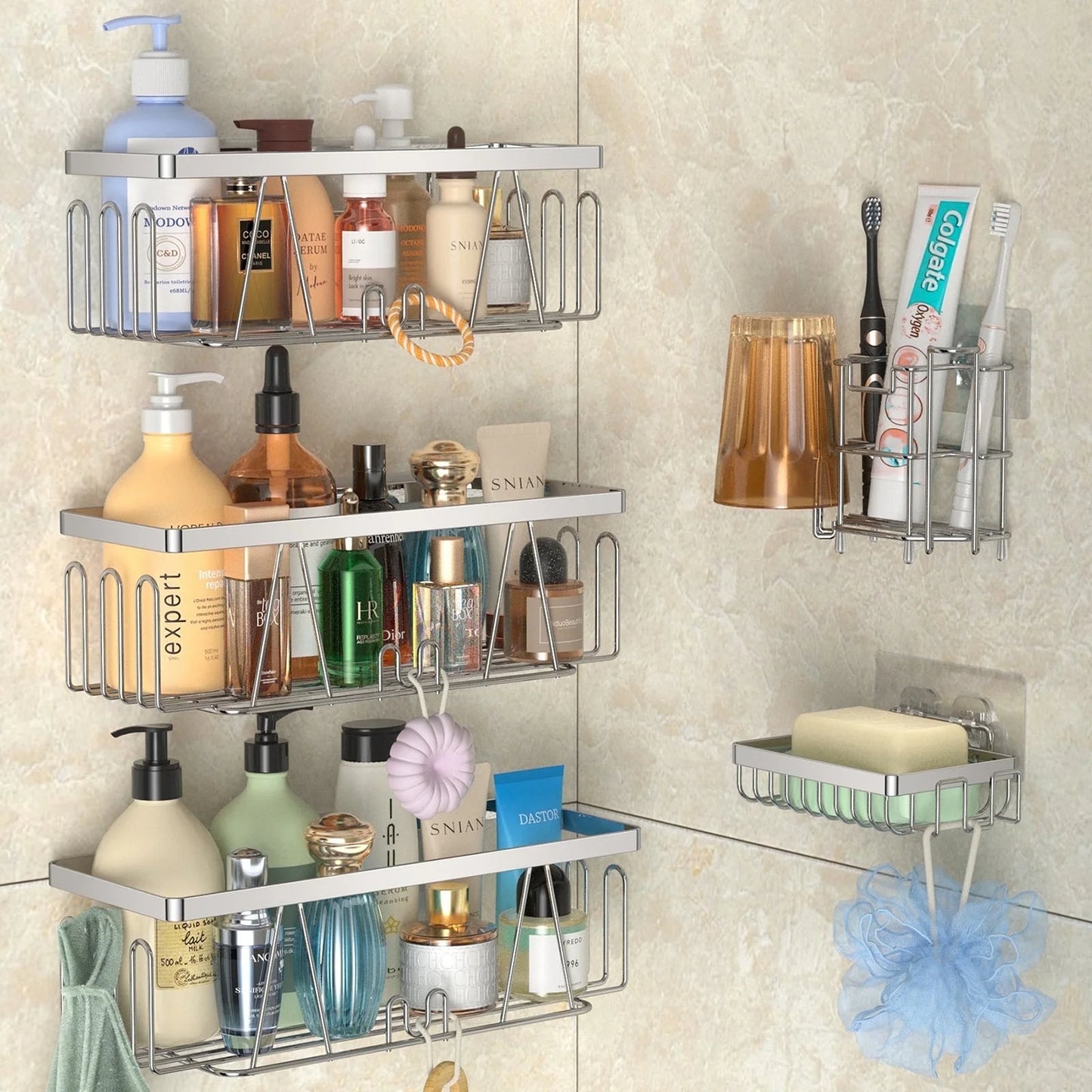 LunaLulinlk Stainless Steel Bathroom Self-Adhesive Wall-Mounted Large Capacity Shower Cage, No Drilling Required, 5-Pack, Silver