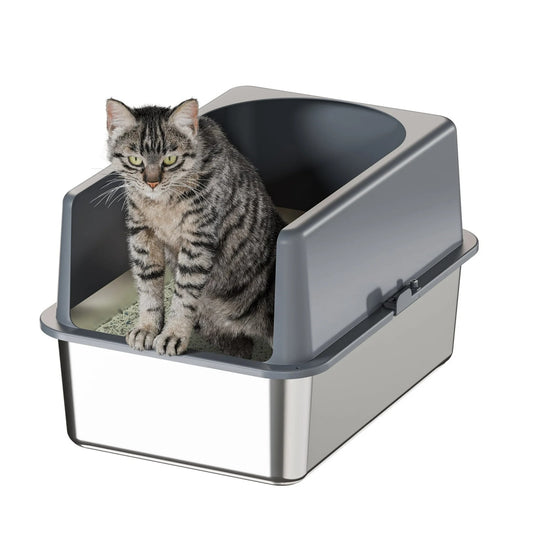 LunaLulinlk with Enclosure Stainless Steel Cat Litter Box with High-Sided - Durable, Hygienic, and Escape