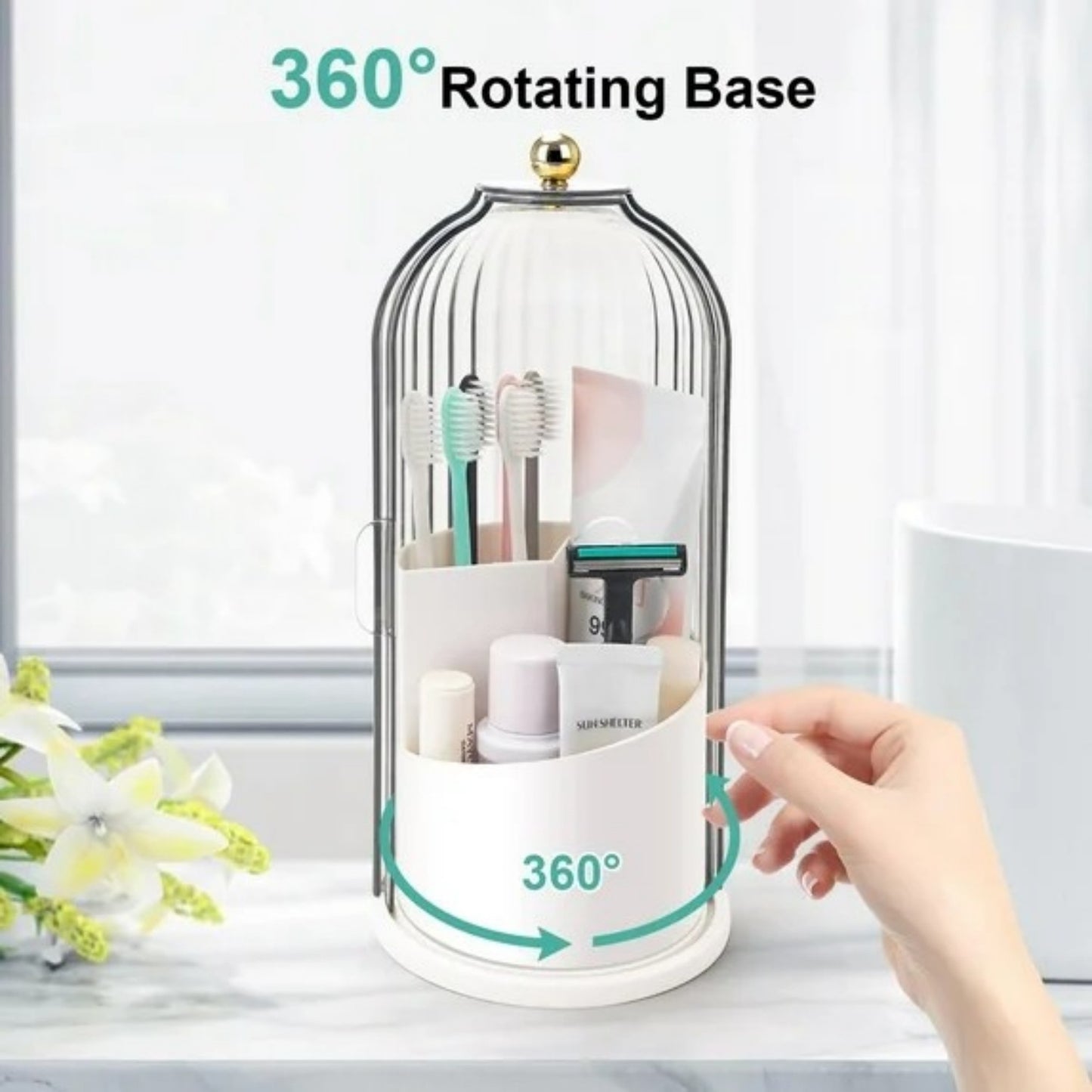 LunaLulinlk Toothbrush Holders with Sliding Lid, Rotating 3 Slots Bathroom Organizer Countertop, Tooth Brush Toothpaste Holder Bathroom
