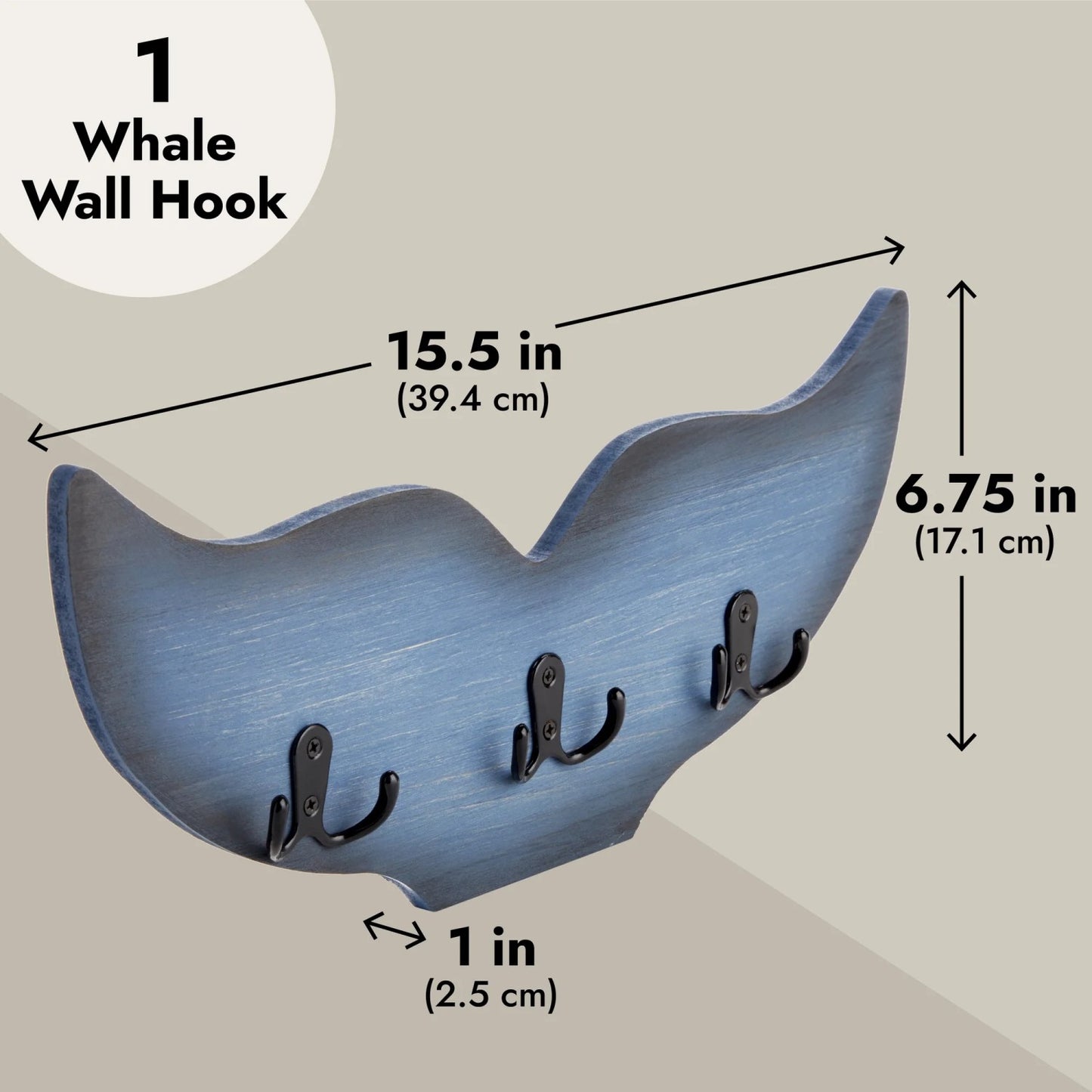 LunaLulinlk Whale Tail Wall Hook for Nursery, Nautical Ocean Wall Decor (Blue, 15.5 x 6.75 x 1 In)