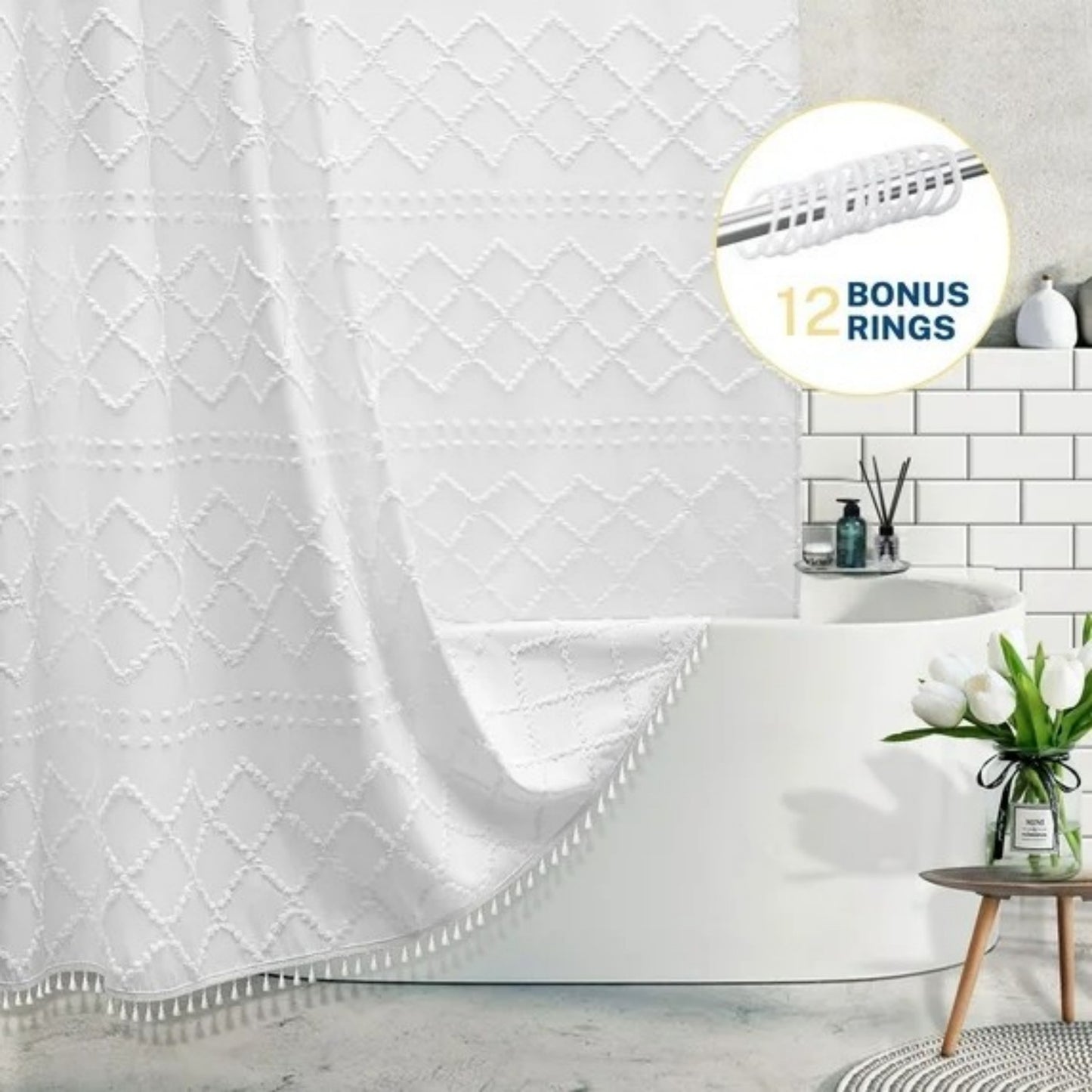 LunaLulinlk White Boho Shower Curtains With Tassels,Heavy-Duty Mold/Mildew-Resistant