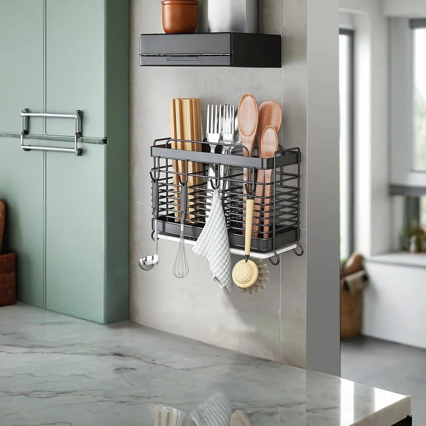 LunaLulinlk Utensil Holder for Kitchen Counter, Stainless Steel Cooking Utensil Holder Organizer with 3 Compartments, Utensil Drying Rack with Hooks