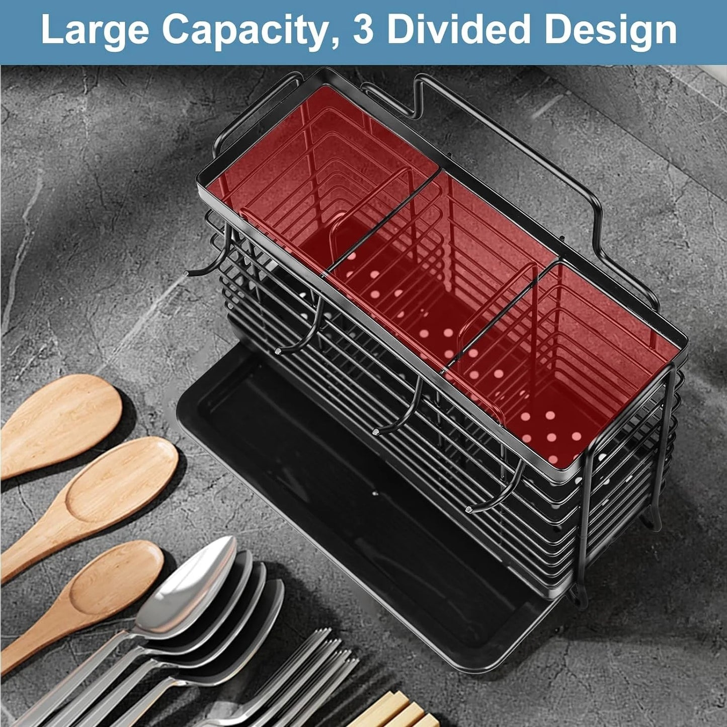LunaLulinlk Utensil Holder for Kitchen Counter, Stainless Steel Cooking Utensil Holder Organizer with 3 Compartments, Utensil Drying Rack with Hooks
