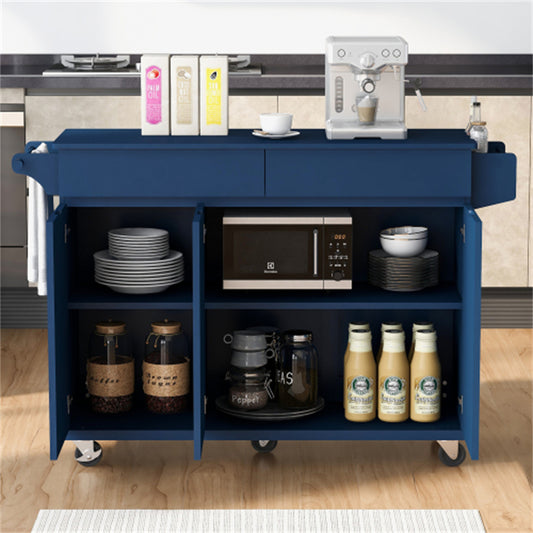 "LunaLulinlk 53.2'' Kitchen Island with Drop Leaf, Kitchen Storage Cart with Spice Rack, Towel Rack and 2 Drawers, Navy Blue  "