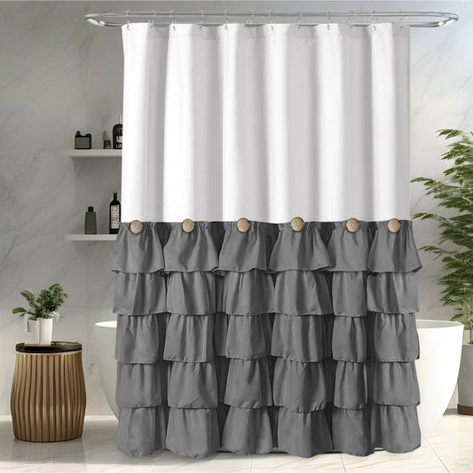 LunaLulinlk White and Gray Farmhouse Shower Curtain with Vintage Buttons Gray Ruffle Shower Curtain 72" x 72"