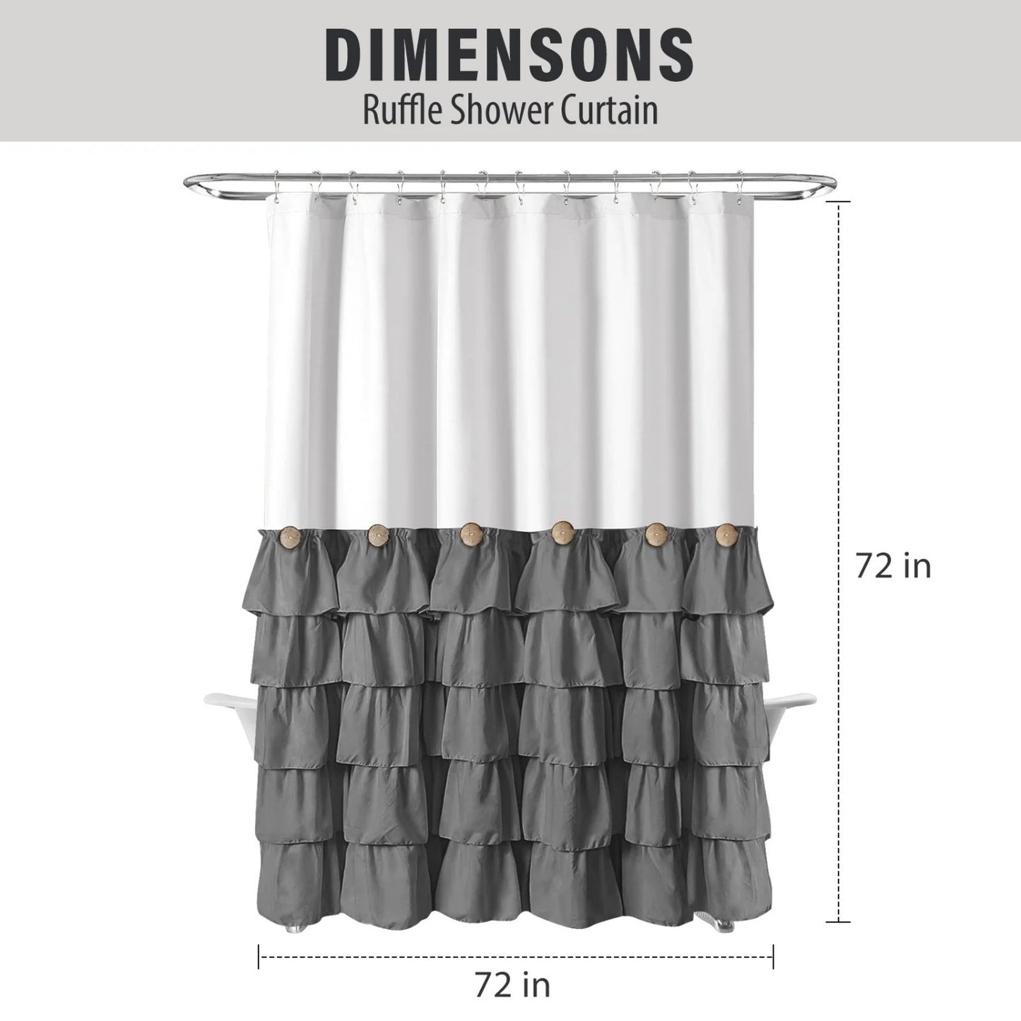 LunaLulinlk White and Gray Farmhouse Shower Curtain with Vintage Buttons Gray Ruffle Shower Curtain 72" x 72"