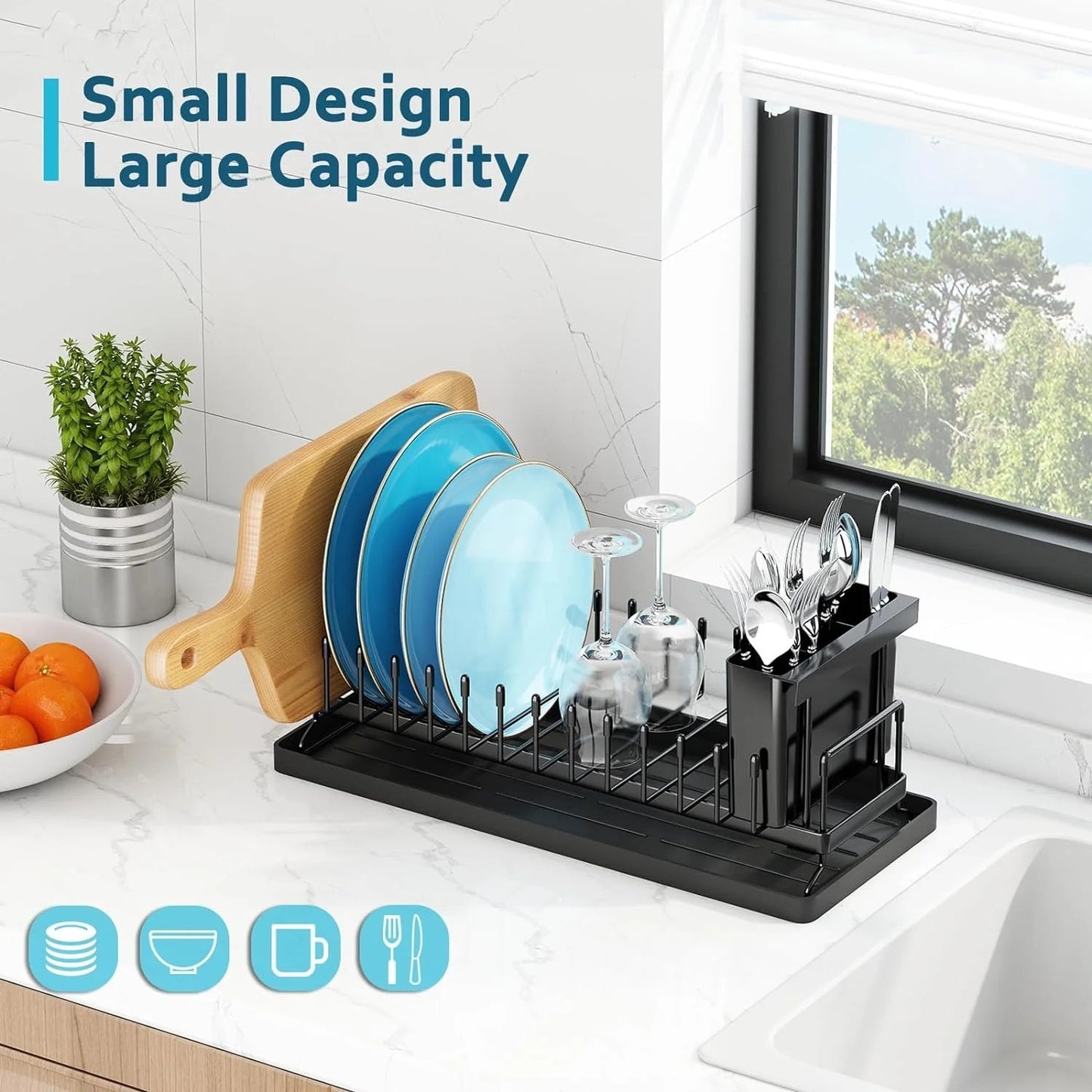 LunaLulinlk Small Dish Drying Rack - Compact Dish Rack for Kitchen Counter with Silicone Dish Drying Mat, Stainless Steel Dish Drainer