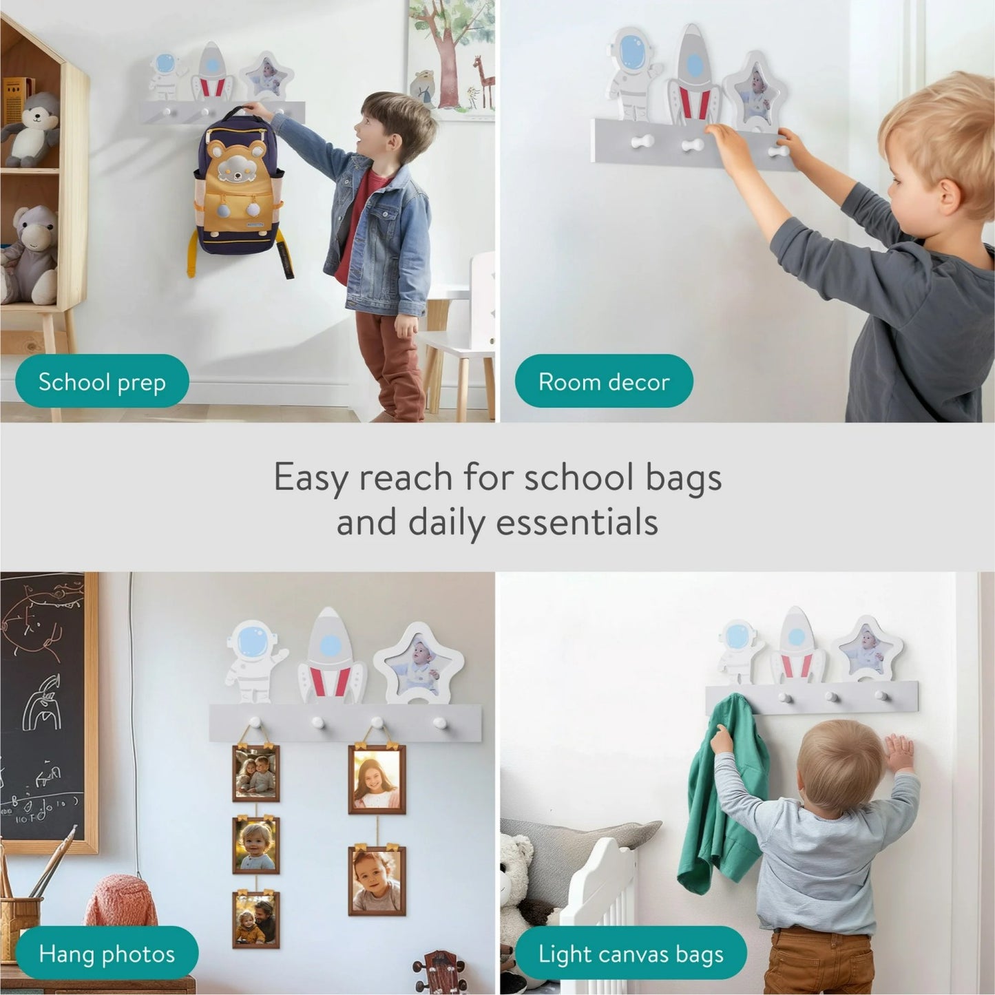 LunaLulinlk Wall Mounted Coat Rack - Robust Wooden Bag Hooks with Photo Frame - Decorative Wood Racks Ideal Space Design