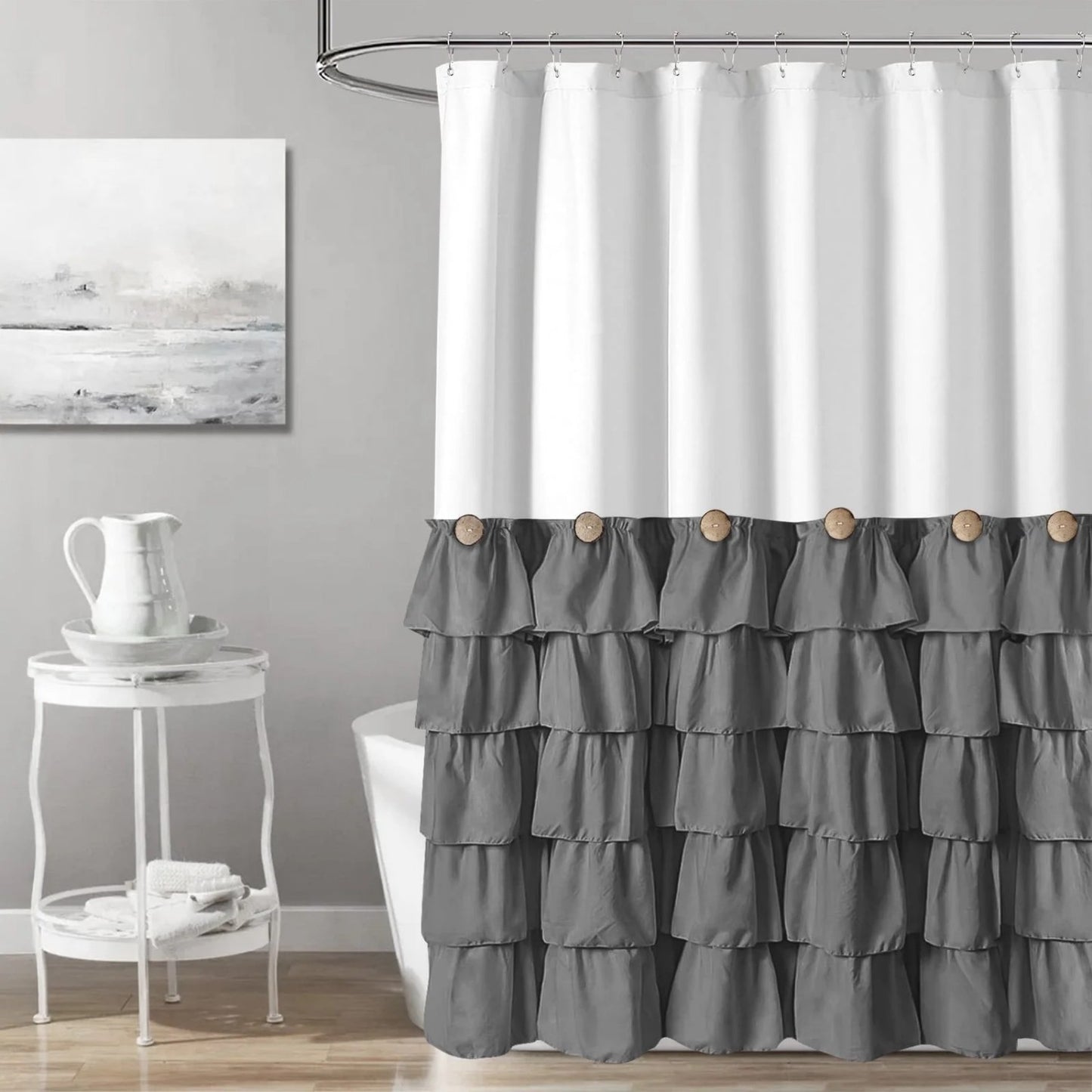 LunaLulinlk White and Gray Farmhouse Shower Curtain with Vintage Buttons Gray Ruffle Shower Curtain 72" x 72"